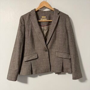 Talbots Womens Blazer Jacket 12P Taupe Gray Brown Tweed Single Button Wool Blend